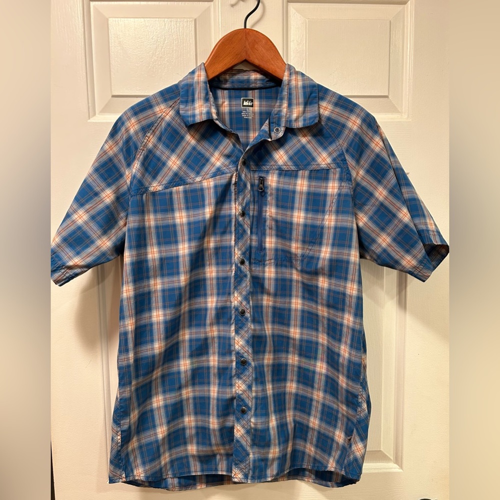 REI Blue and Orange Plaid Short Sleeve Button Down Shirt, Size L